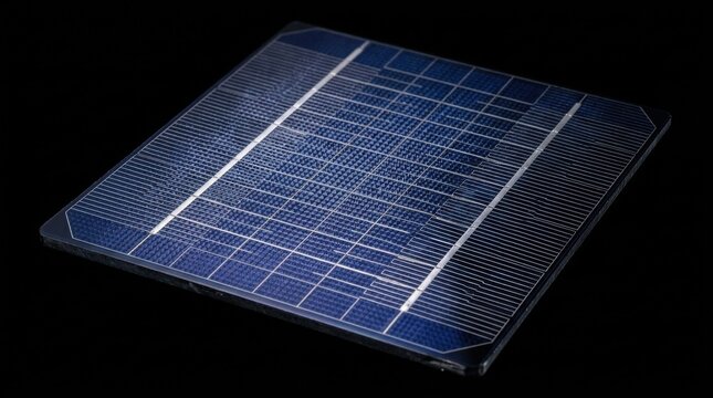Macro view of a single monocrystalline silicon solar cell wafer with visible silver busbars and grid lines, showcasing the blue textured surface used for renewable energy production.