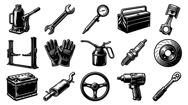 Automotive Mechanic Shop Tools and Car Parts Set - Vintage Black and White Hand Drawn Line Art Icons