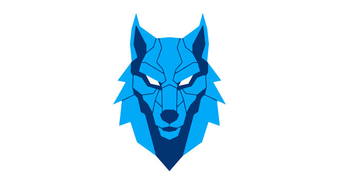 Geometric Blue Wolf Head Illustration with Glowing Eyes.