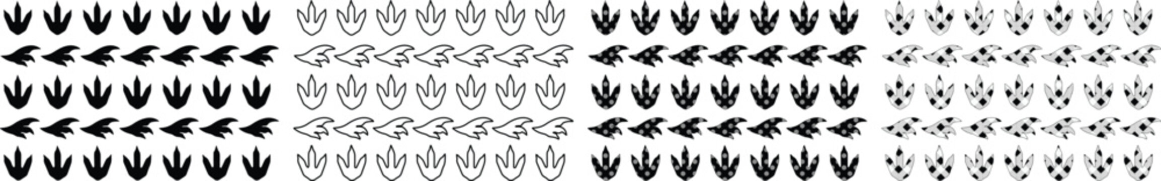 Dinosaur Footprint Vector Icons, prehistoric animal tracks, black and white fossil symbols for paleontology, Jurassic era design elements, wildlife and nature exploration graphics