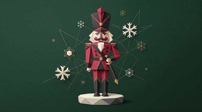 Nutcracker soldier figurine in festive style with snowflakes background  