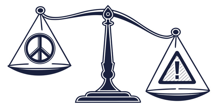 Scales of justice illustration showing a contrast between peace symbol and hazard warning sign with imbalance illustration decision morality judgment contrast dichotomy abstract fairness