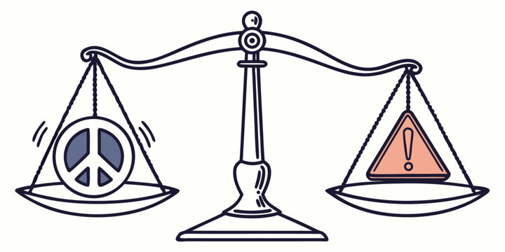 Creative illustration of weighing scale showing peace symbol versus hazard warning sign with triangle judgment comparison illustration imbalance weighing fairness morality philosophy metaphor