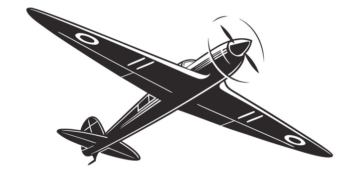 Vintage single engine propeller fighter aircraft in flight vector illustration with aircraft propeller aviation military aerospace airplane silhouette historic aeronautics transport isolated