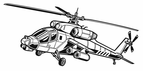 Detailed military attack helicopter monochrome graphic illustration with helicopter military aircraft aviation transport aeronautics monochrome isolated illustration silhouette mechanical © Jahid
