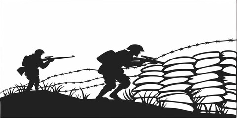 Silhouette graphic of soldiers at a defensive position with barbed wire soldiers military sandbags battlefield infantry conflict barricade tactical shooting fighting © Jahid