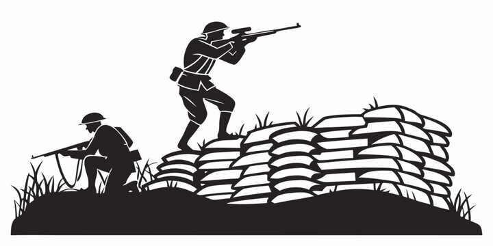 Two soldiers silhouette defending behind sandbags trench position with military service world war military silhouette sandbags battlefield infantry strategy tactical conflict fortification