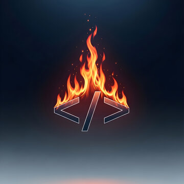 Coding symbol on fire, burning HTML tag icon on dark background, 3D illustration.