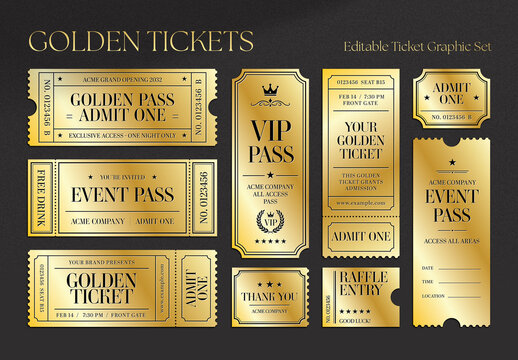 Golden Ticket Template Set, VIP Event Pass, Admit One Voucher, Raffle Entry Invitation Bundle