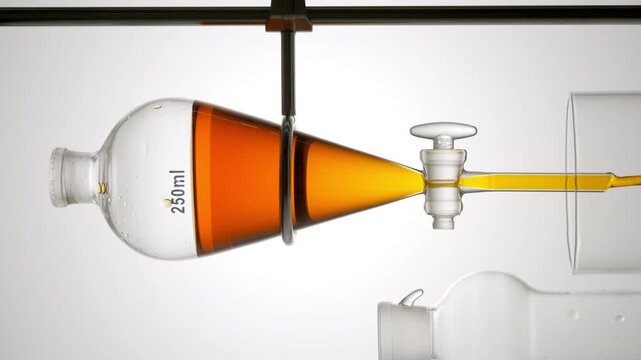 Vertical close-up of the glass stopper is opened and orange transparent fluid drains from the separatory funnel with a light gray background | Calendula liquid extract cosmetic science concept