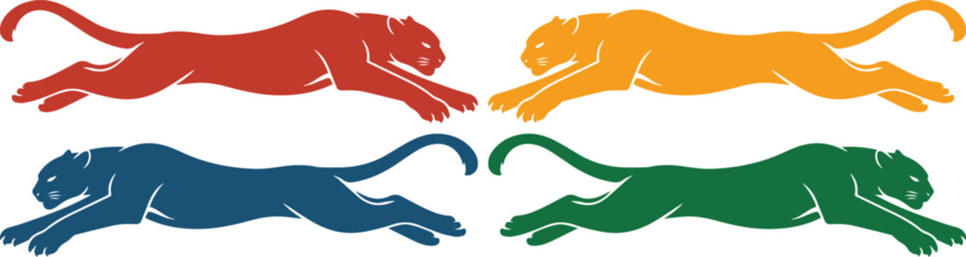 Dynamic leaping panther vector set, four colorful big cat silhouettes in red, orange, blue, and green, powerful animal mascot graphics for branding and sports design