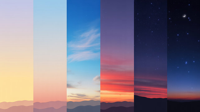 Montage of sky transitions from sunrise to night over mountains with time lapse color spectrum twilight mountains landscape transition colorful