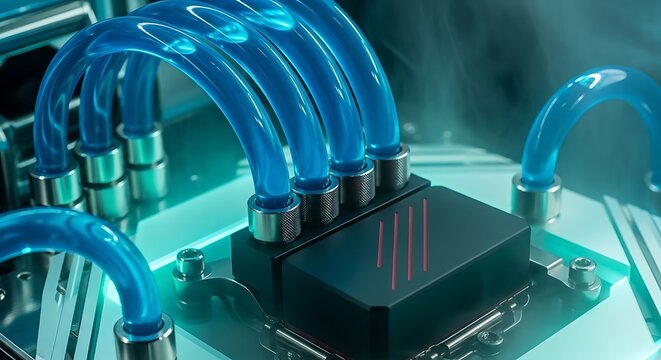 Advanced computer liquid cooling system with blue tubes circulating fluid over a motherboard for high performance gaming and overclocking