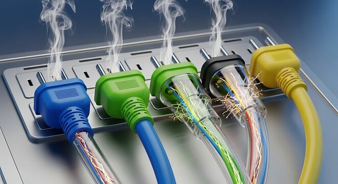 Overloaded power strip sparks and smoke indicating electrical hazard and danger of fire caused by too many devices connected