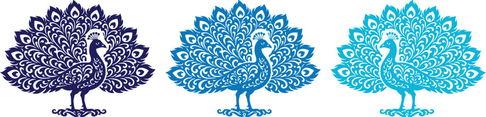 Fototapeta premium Elegant peacock vector illustrations, a set of three stylized birds with ornate tail feathers in shades of blue, decorative animal graphics for branding and design projects.