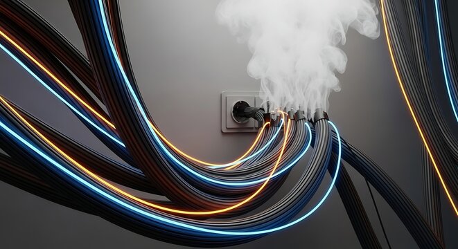 Damaged electrical wires sparking and smoking from an outlet, representing a dangerous short circuit and potential fire hazard.