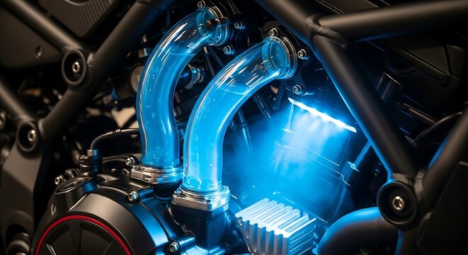 Close up of a futuristic motorcycle engine with glowing blue coolant tubes and intricate metal details suggesting advanced technology and powerful performance