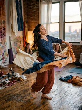 Expressive Woman Dancing with Flowing Indigo Shibori Fabric in Brick Loft Art Studio at Sunset with Seated Audience for Somatic Movement and Creative Wellness Workshop Concept