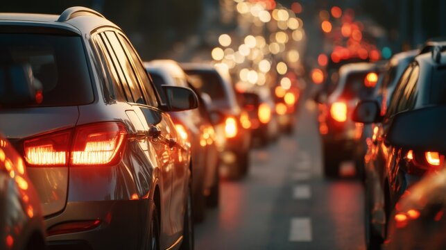 Busy city traffic during rush hour with bright tail lights creating a vibrant bokeh effect in the evening urban landscape