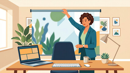 Fototapeta premium Confident Businesswoman Presenting in Modern Home Office with Laptop and Plants
