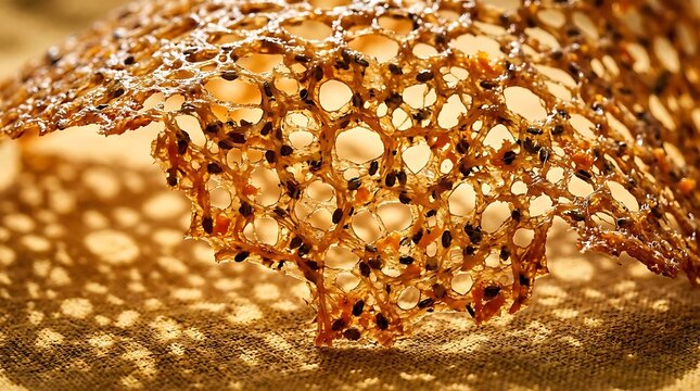 Fragile Chia Seed and Blood Orange Lace Tuile Cookie on Ochre Background