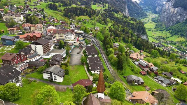 Scenic Wengen village aerial view in Swiss Alps landscape