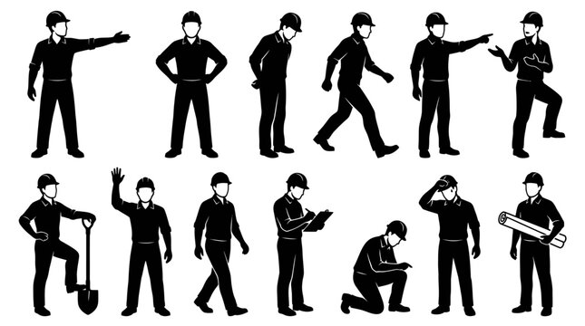 Construction Industry Workers and Engineers Silhouette Glyph Vector Icon Set in Black and White
