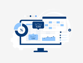 Data analysis dashboard showing business statistics and financial reports on a computer monitor, visualizing market data and project management information © bestforbest