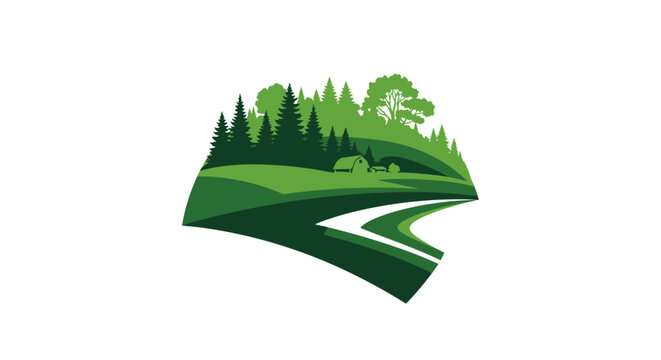 Abstract Green Forest Landscape with Winding River Illustration.