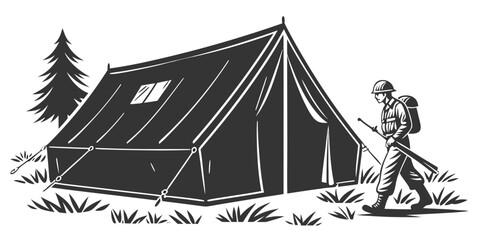 Graphic illustration of soldier at military field tent with military campsite infantry illustration silhouette monochrome uniformed equipment adventure structure woodland backpack tactical © Eva