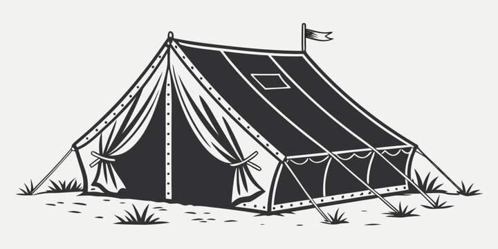 Traditional vintage style canvas marquee tent with open entrance and flag adventure illustration monochrome isolated campground recreation temporary structure backcountry exploration