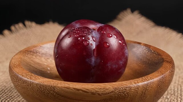 Closeup of a single ripe plum in a wooden bowl on burlap.