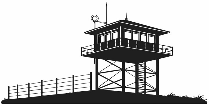 Silhouette graphic of a watchtower with barbed wire fence on a hillside watchtower security surveillance military fortification observation silhouette illustration landscape restricted