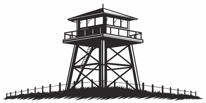 Wooden lookout tower security post silhouette vector graphic with security watchtower observation surveillance fortress silhouette military protection restricted building architecture