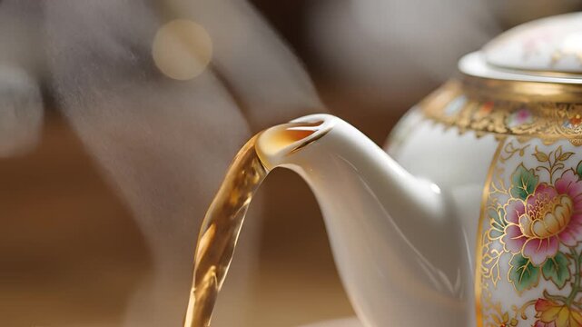 Closeup of hot tea pouring from a decorative teapot steam rising.