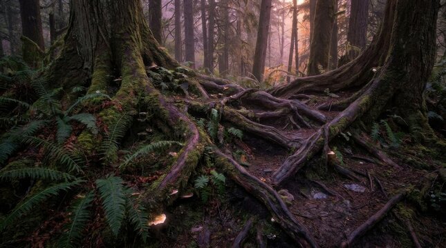Detailed view of massive mossy tree roots intertwining across the forest floor surrounded by green ferns and thick trunks in a misty temperate woodland with soft atmospheric light.