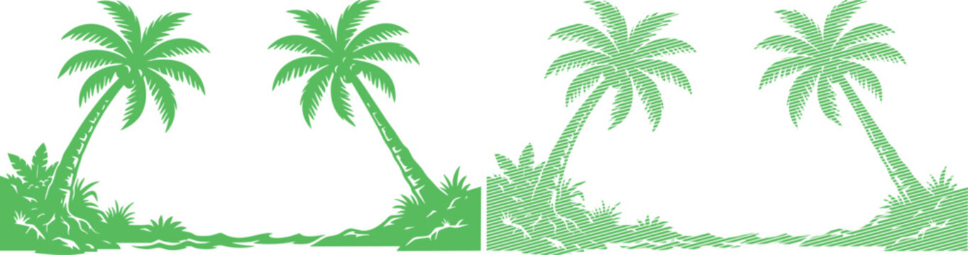 Green palm tree silhouettes on white background, tropical landscape border