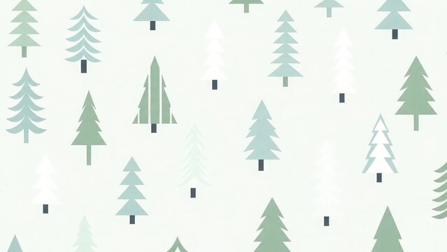 Minimalist illustration of various green and white pine trees on light background for design and decoration with nature and pattern and graphic