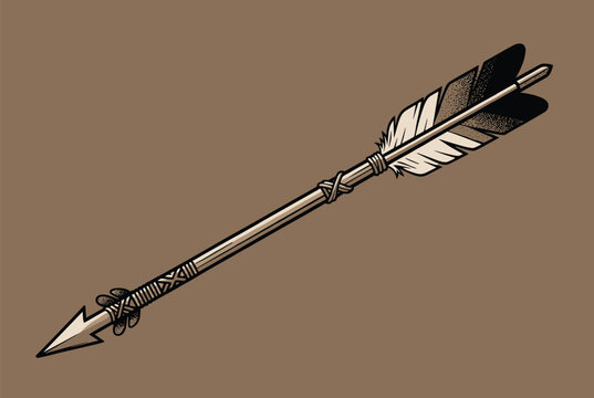 Traditional wooden arrow featuring a sharp tip and decorative feathers presented in a vintage hand-drawn illustrative style.