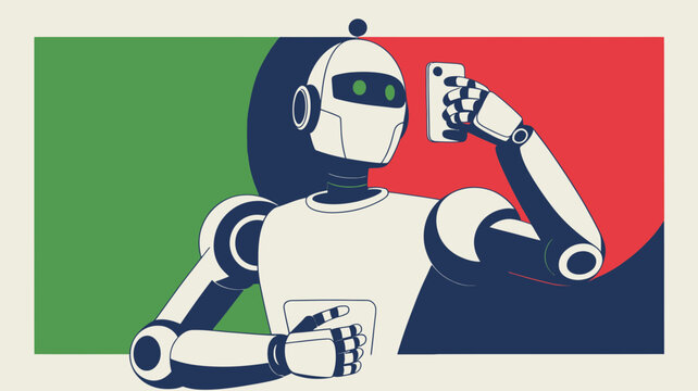 Robot holding smartphone on colorful background android machine humanoid phone