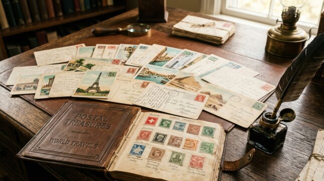 Vintage collection of antique travel postcards showing global landmarks, an open postage stamp album, an inkwell with quill pen, and a magnifying glass on a rustic wooden desk.