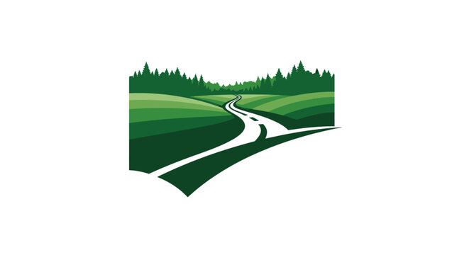 Winding river flowing through lush green landscape illustration.
