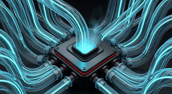 Futuristic glowing circuit board with blue energy flowing through tubes representing data processing and advanced technology innovation