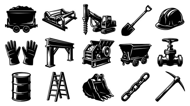 Black and White Engraving Style Mining and Construction Tools and Equipment Vector Icons Set