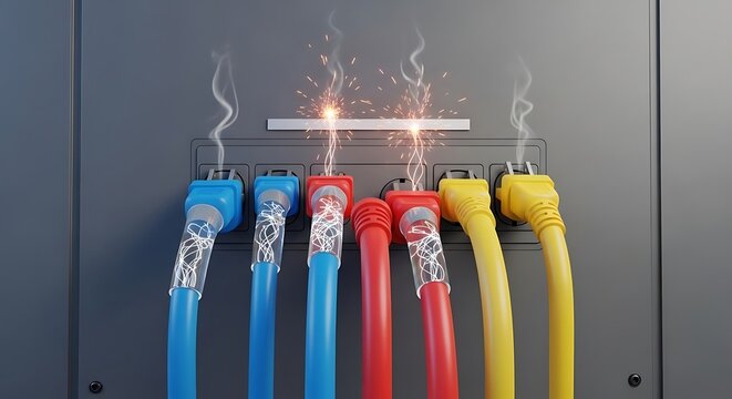 Electrical overload sparks and smoke from plugged in cables in industrial panel danger concept