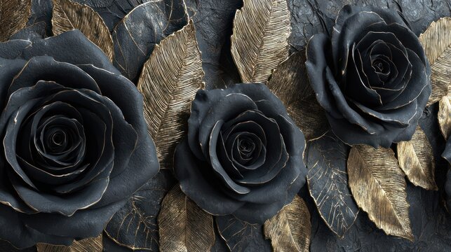 Three stylized dark roses with metallic gold foliage create a rich decorative background