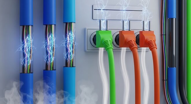 Overloaded electrical power cords sparking and smoking indicating danger of short circuit and fire hazard on wall panel
