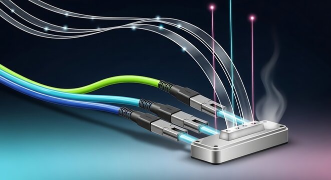 Fiber optic cables connecting to a high-tech splitter, transmitting data with glowing light streams, symbolizing fast digital communication and network technology