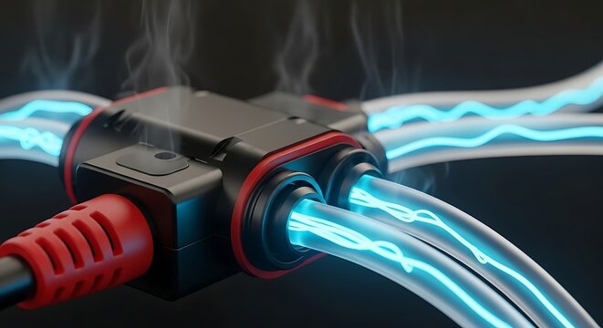 High voltage power connector distributing electrical energy with glowing blue light and steam effects