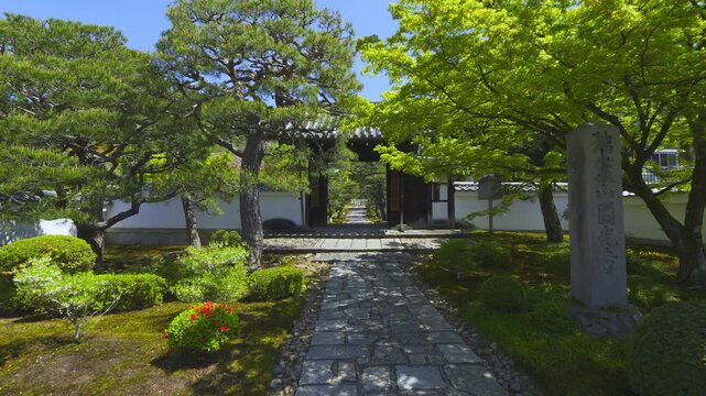 京都　新緑の圓光寺の門をくぐり、境内に入る